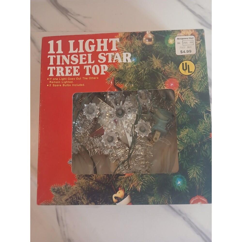 Vintage 11 Light Silver Tinsel Star Tree Top Christmas Lights